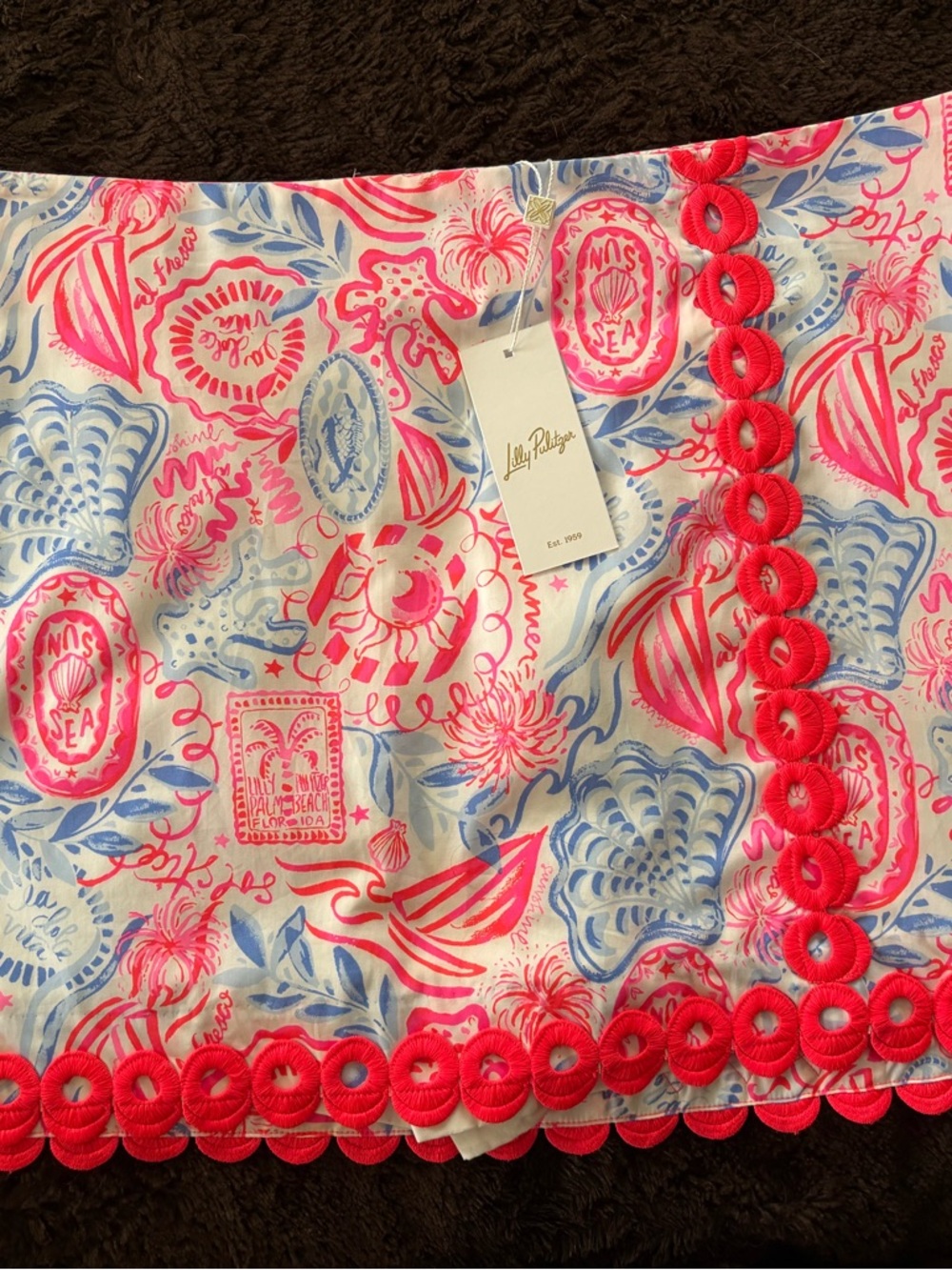 Lilly Pulitzer Neon Pink and Light Blue Shell-Print Skort with Pom Trim